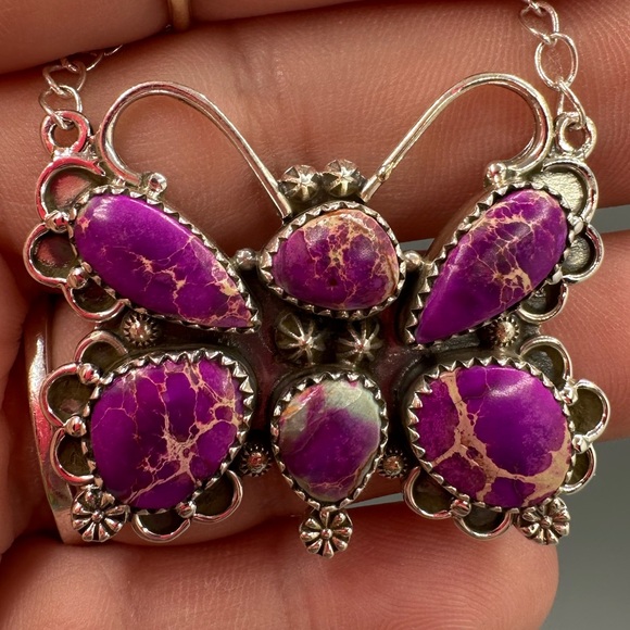 Sterling Silver 925 Purple Sea Sediment Jasper Butterfly Pendant Necklace 🦋